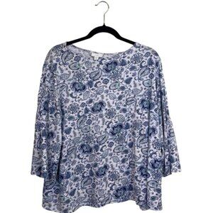 J.Jill Blue Boat Neck Floral Paisley Top 3/4 Bell Sleeve Blouse Women's XL Boho